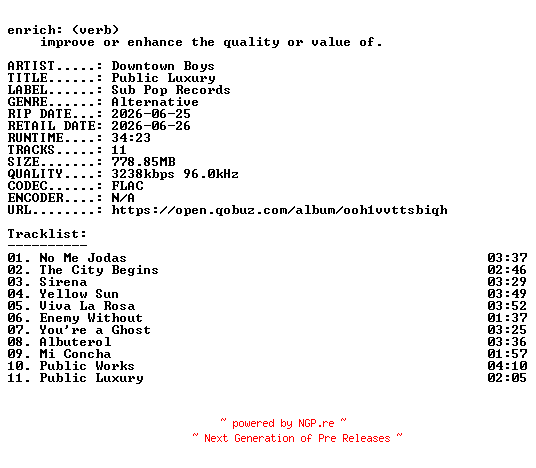 NFO for the release Downtown_Boys-Public_Luxury-24BIT-WEB-FLAC-2026-ENRiCH by ENRiCH
