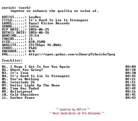 NFO for the release LowRev-Its_Hard_To_Lie_To_Strangers-24BIT-WEB-FLAC-2026-ENRiCH by ENRiCH