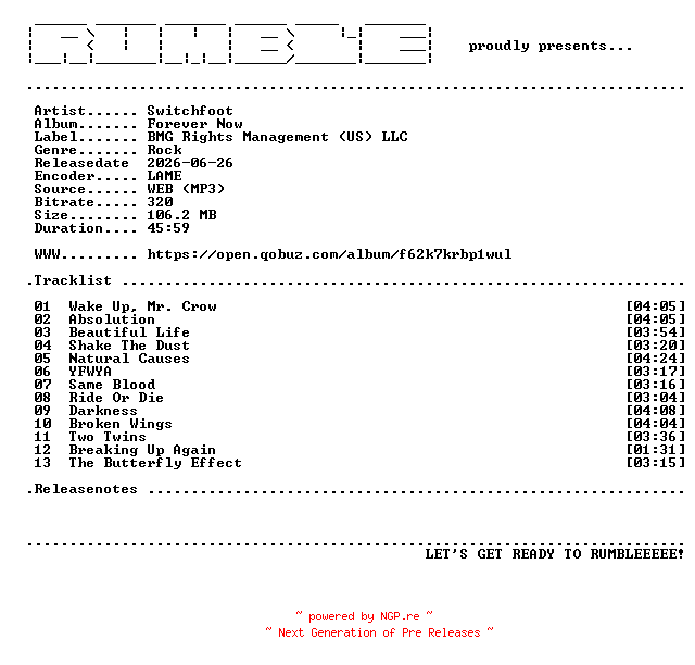 NFO for the release Switchfoot-Forever_Now-(WEB)-2026-RUMBLE by RUMBLE