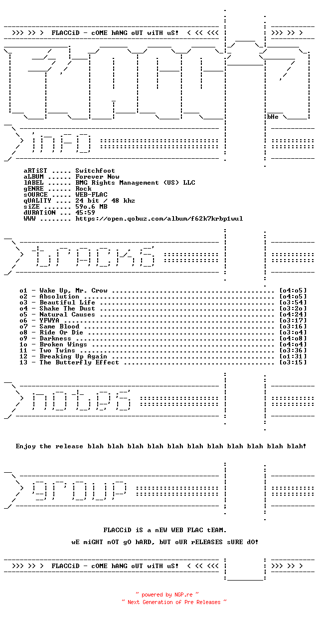 NFO for the release Switchfoot-Forever_Now-24BIT-48KHZ-WEB-FLAC-2026-FLACCiD by FLACCiD