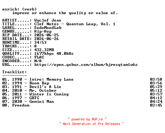 NFO for the release Wyclef_Jean-Clef_Notes__Quantum_Leap_Vol._1-24BIT-WEB-FLAC-2026-ENRiCH by ENRiCH
