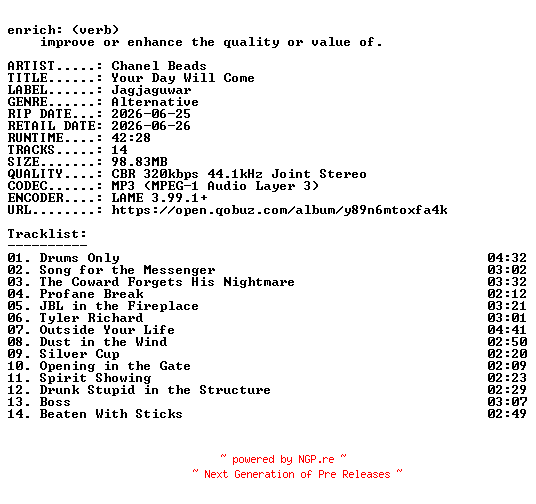 NFO for the release Chanel_Beads-Your_Day_Will_Come-WEB-2026-ENRiCH by ENRiCH
