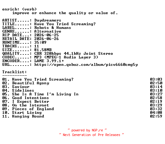 NFO for the release Daydreamers-Have_You_Tried_Screaming-WEB-2026-ENRiCH by ENRiCH