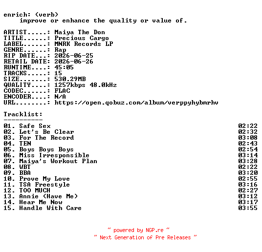 NFO for the release Maiya_The_Don-Precious_Cargo-24BIT-WEB-FLAC-2026-ENRiCH by ENRiCH