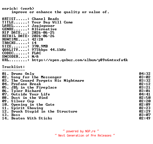 NFO for the release Chanel_Beads-Your_Day_Will_Come-24BIT-WEB-FLAC-2026-ENRiCH by ENRiCH