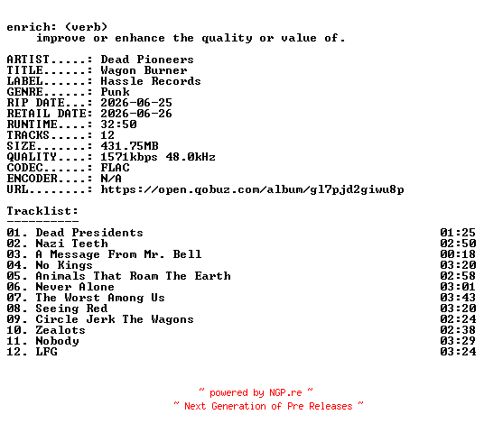 NFO for the release Dead_Pioneers-Wagon_Burner-24BIT-WEB-FLAC-2026-ENRiCH by ENRiCH