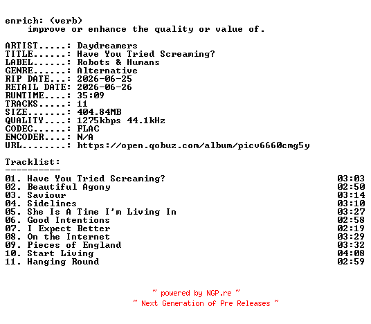 NFO for the release Daydreamers-Have_You_Tried_Screaming-24BIT-WEB-FLAC-2026-ENRiCH by ENRiCH