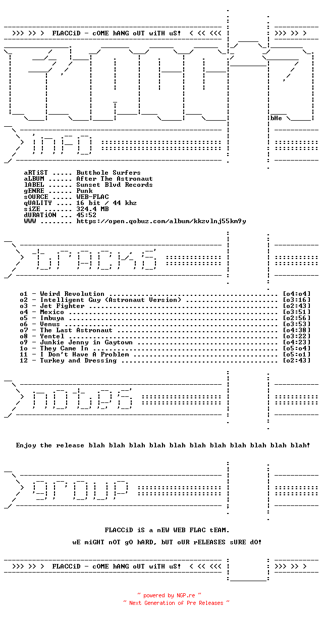 NFO for the release Butthole_Surfers-After_The_Astronaut-16BIT-WEB-FLAC-2026-FLACCiD by FLACCiD
