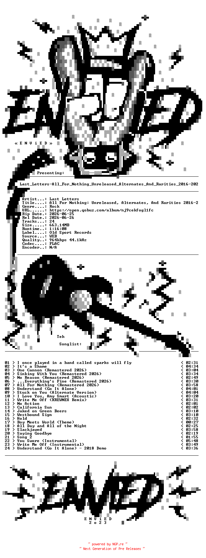 NFO for the release Last_Letters-All_For_Nothing_Unreleased_Alternates_And_Rarities_2016-2026-24BIT-WEB-FLAC-2026-ENViED by ENViED