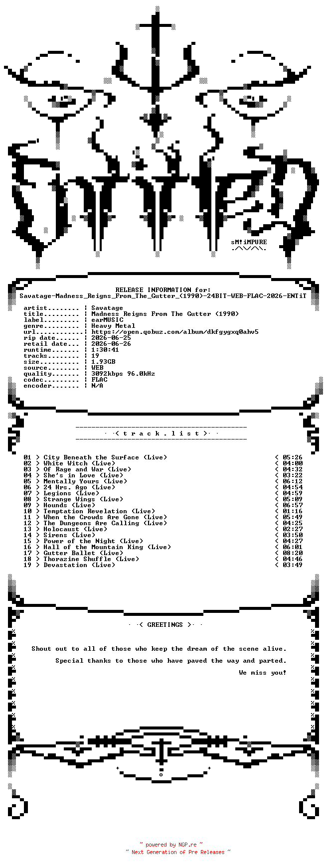 NFO for the release Savatage-Madness_Reigns_From_The_Gutter_(1990)-24BIT-WEB-FLAC-2026-ENTiTLED by ENTiTLED