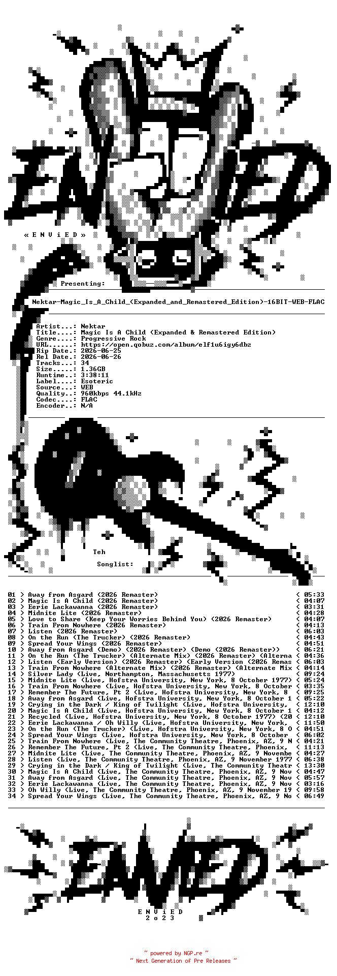NFO for the release Nektar-Magic_Is_A_Child_(Expanded_and_Remastered_Edition)-16BIT-WEB-FLAC-2026-ENViED by ENViED