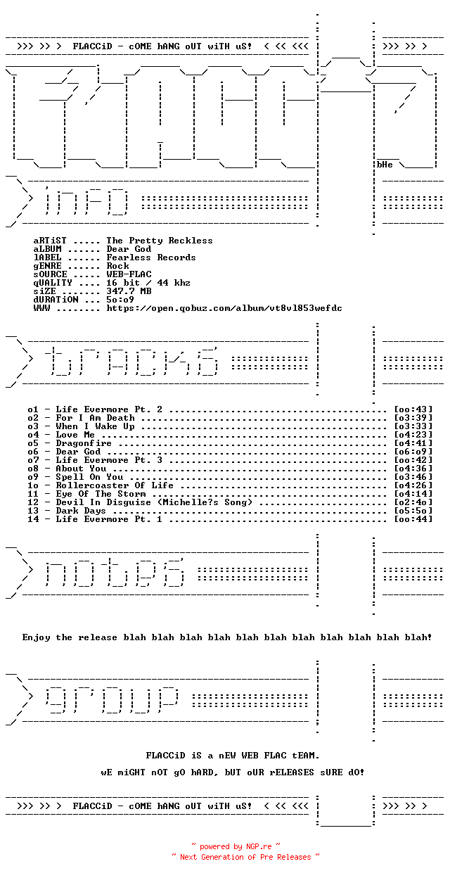 NFO for the release The_Pretty_Reckless-Dear_God-16BIT-WEB-FLAC-2026-FLACCiD by FLACCiD