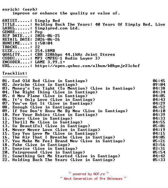 NFO for the release Simply_Red-Holding_Back_The_Years_40_Years_Of_Simply_Red_Live_In_Santiago-WEB-2026-ENRiCH by ENRiCH