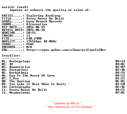 NFO for the release Exploring_Birdsong-Every_House_We_Built-24BIT-WEB-FLAC-2026-ENRiCH by ENRiCH