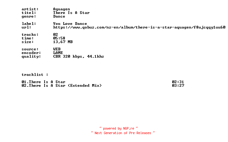 NFO for the release Aquagen_-_There_Is_A_Star-WEB-2026-BITCOINS by BITCOINS