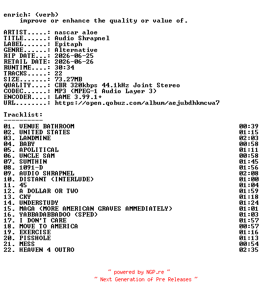 NFO for the release nascar_aloe-Audio_Shrapnel-WEB-2026-ENRiCH by ENRiCH