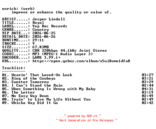 NFO for the release Jesper_Lindell-Royal-WEB-2026-ENRiCH by ENRiCH