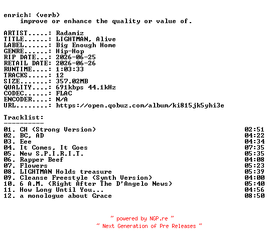 NFO for the release Radamiz-LIGHTMAN_Alive-16BIT-WEB-FLAC-2026-ENRiCH by ENRiCH