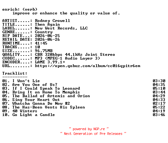 NFO for the release Rodney_Crowell-Then_Again-WEB-2026-ENRiCH by ENRiCH