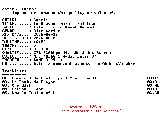 NFO for the release Snarls-In_Heaven_Theres_Rainbows-EP-WEB-2026-ENRiCH by ENRiCH