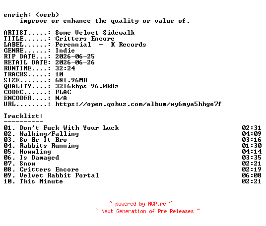 NFO for the release Some_Velvet_Sidewalk-Critters_Encore-24BIT-WEB-FLAC-2026-ENRiCH by ENRiCH