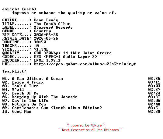 NFO for the release Dean_Brody-The_Tenth_Album-WEB-2026-ENRiCH by ENRiCH