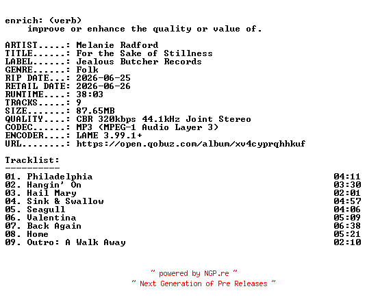 NFO for the release Melanie_Radford-For_the_Sake_of_Stillness-WEB-2026-ENRiCH by ENRiCH