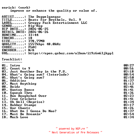 NFO for the release The_Doppelgangaz-Beats_for_Brothels_Vol._9-24BIT-WEB-FLAC-2026-ENRiCH by ENRiCH