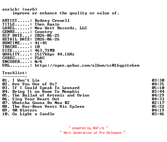 NFO for the release Rodney_Crowell-Then_Again-24BIT-WEB-FLAC-2026-ENRiCH by ENRiCH