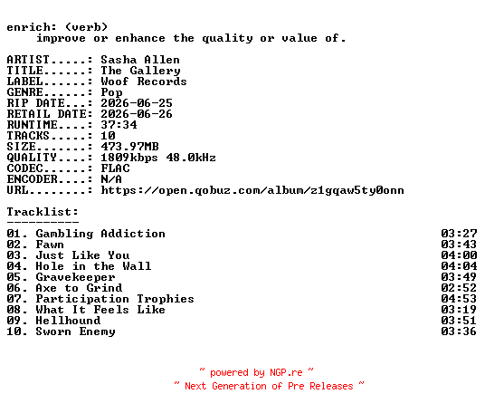 NFO for the release Sasha_Allen-The_Gallery-24BIT-WEB-FLAC-2026-ENRiCH by ENRiCH