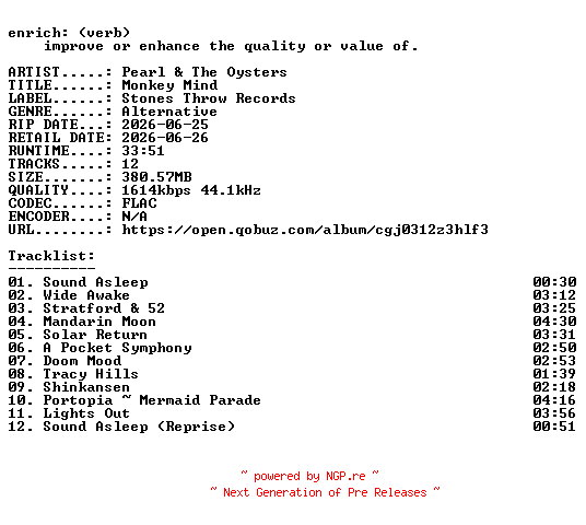 NFO for the release Pearl_and_The_Oysters-Monkey_Mind-24BIT-WEB-FLAC-2026-ENRiCH by ENRiCH