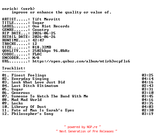 NFO for the release Tift_Merritt-Sugar-24BIT-WEB-FLAC-2026-ENRiCH by ENRiCH