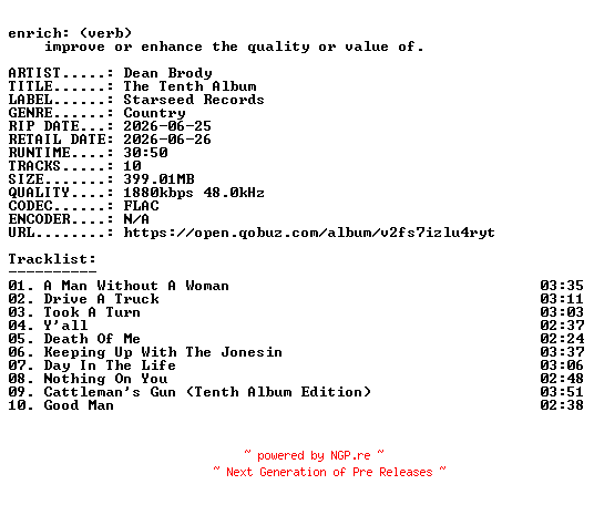 NFO for the release Dean_Brody-The_Tenth_Album-24BIT-WEB-FLAC-2026-ENRiCH by ENRiCH