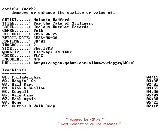 NFO for the release Melanie_Radford-For_the_Sake_of_Stillness-24BIT-WEB-FLAC-2026-ENRiCH by ENRiCH