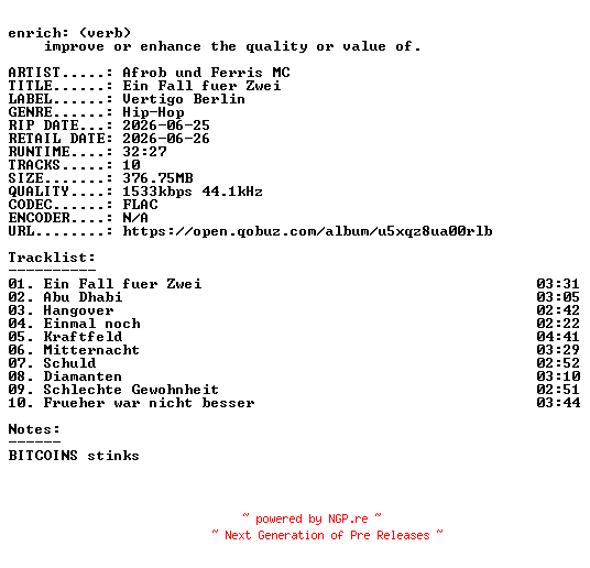 NFO for the release Afrob_und_Ferris_MC-Ein_Fall_fuer_Zwei-DE-24BIT-WEB-FLAC-2026-ENRiCH by ENRiCH
