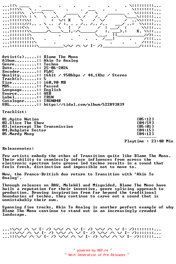 NFO for the release Blame_The_Mono-Akin_To_Analog-TRSN048-16BIT-WEB-FLAC-2026-WAVED by WAVED