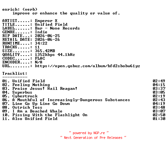 NFO for the release Emperor_X-Unified_Field-24BIT-WEB-FLAC-2026-ENRiCH by ENRiCH