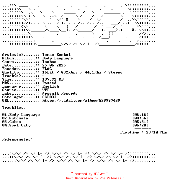 NFO for the release Tomas_Kunkel-Body_Language-ASR033-16BIT-WEB-FLAC-2026-WAVED by WAVED