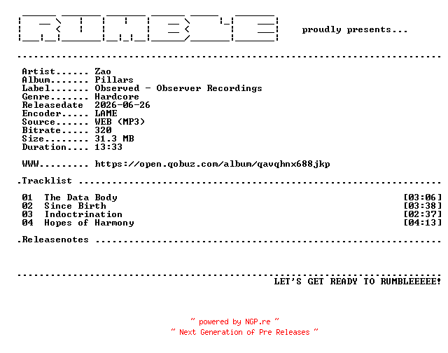 NFO for the release Zao-Pillars-EP-(WEB)-2026-RUMBLE by RUMBLE