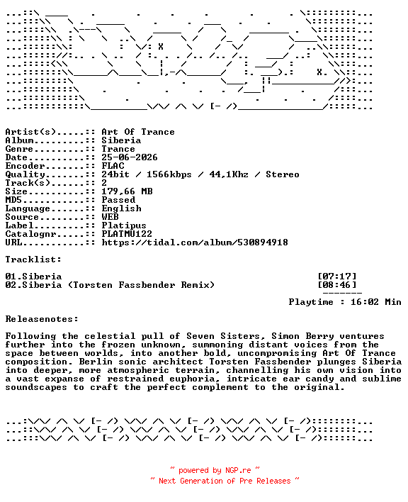 NFO for the release Art_Of_Trance-Siberia-PLATMU122-24BIT-WEB-FLAC-2026-WAVED by WAVED