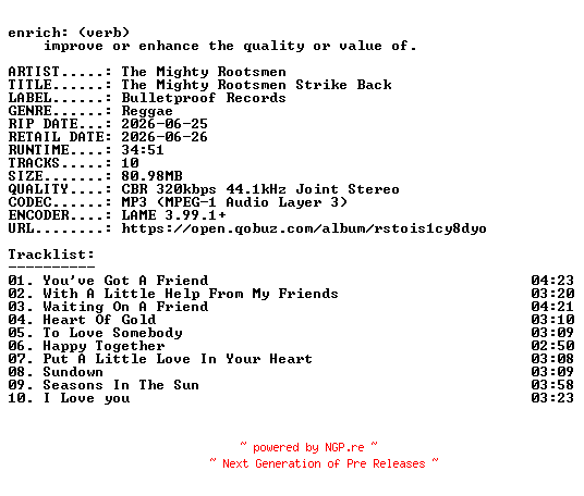 NFO for the release The_Mighty_Rootsmen-The_Mighty_Rootsmen_Strike_Back-WEB-2026-ENRiCH by ENRiCH