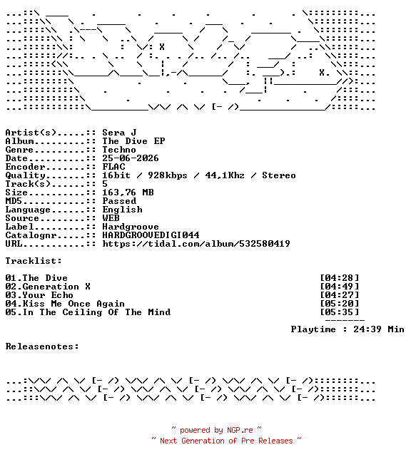 NFO for the release Sera_J-The_Dive_EP-HARDGROOVEDIGI044-16BIT-WEB-FLAC-2026-WAVED by WAVED