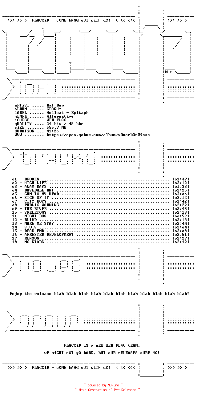 NFO for the release Rat_Boy-CRASH-24BIT-48KHZ-WEB-FLAC-2026-FLACCiD by FLACCiD