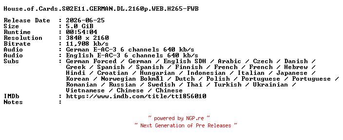 NFO for the release House.of.Cards.S02E11.GERMAN.DL.2160p.WEB.H265-FWB by FWB