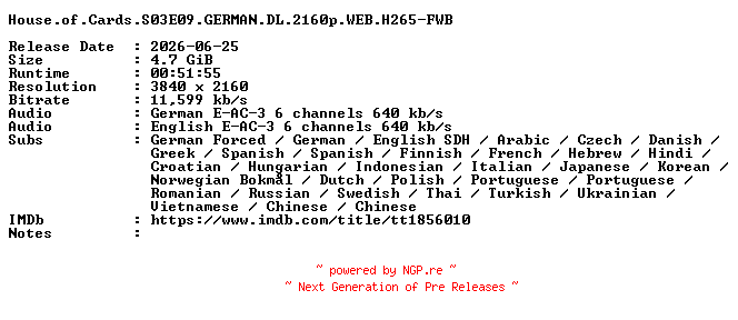NFO for the release House.of.Cards.S03E09.GERMAN.DL.2160p.WEB.H265-FWB by FWB