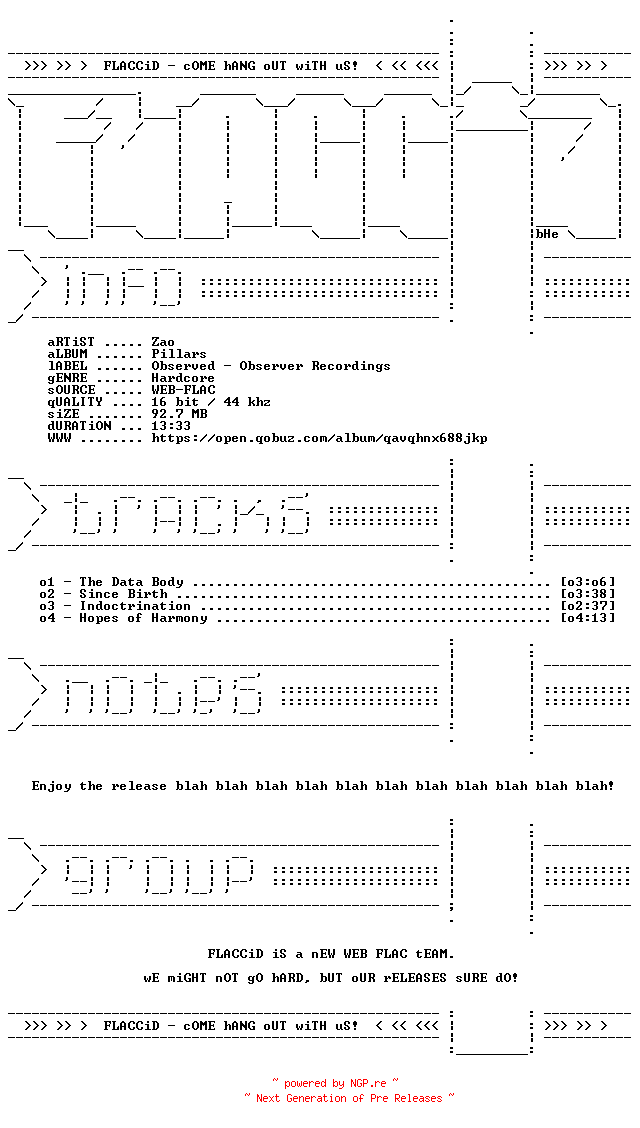 NFO for the release Zao-Pillars-EP-16BIT-WEB-FLAC-2026-FLACCiD by FLACCiD
