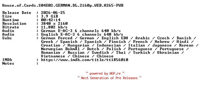 NFO for the release House.of.Cards.S04E02.GERMAN.DL.2160p.WEB.H265-FWB by FWB