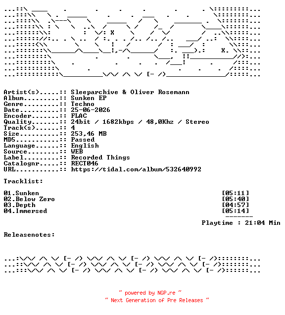 NFO for the release Sleeparchive_And_Oliver_Rosemann-Sunken_EP-RECT046-24BIT-WEB-FLAC-2026-WAVED by WAVED