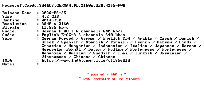 NFO for the release House.of.Cards.S04E08.GERMAN.DL.2160p.WEB.H265-FWB by FWB