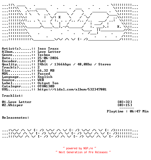 NFO for the release Inox_Traxx-Love_Letter-OTON130D-24BIT-WEB-FLAC-2026-WAVED by WAVED